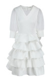 White Fashion Casual Solid Patchwork V Neck Cake Skirt Dresses