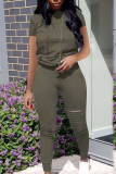 Ink Green Casual Solid Ripped Patchwork Hooded Collar Short Sleeve Two Pieces