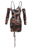Multicolor Fashion Sexy Print Draw String Frenulum Backless V Neck Long Sleeve Dresses