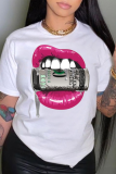 White Fashion Casual Lips Printed Patchwork O Neck T-Shirts