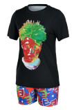 Black Fashion Casual Print Basic O Neck Short Sleeve Two Pieces