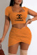 Orange Fashion Casual Print Letter Square Collar Short Sleeve Two Pieces