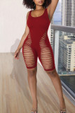Blue Sexy Solid Hollowed Out Patchwork U Neck Regular Rompers