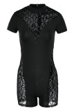Black Fashion Sexy Patchwork See-through Half A Turtleneck Skinny Romper