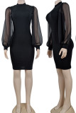 Black Simplicity Solid Patchwork O Neck One Step Skirt Dresses