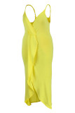 Yellow Fashion Sexy Plus Size Solid Patchwork V Neck Sling Dress
