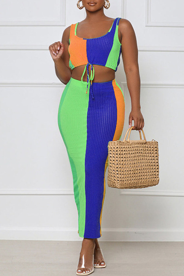 Fluorescent Green Casual Print Patchwork U Neck Two Pieces