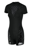 Black Fashion Sexy Patchwork See-through Half A Turtleneck Skinny Romper