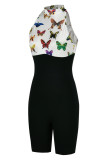 Black White Fashion Casual Butterfly Print Patchwork Half A Turtleneck Skinny Romper