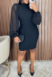 Black Simplicity Solid Patchwork O Neck One Step Skirt Dresses
