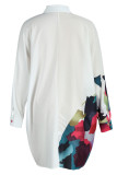 White Casual Print Patchwork Pocket Buckle Turndown Collar Shirt Dress Dresses