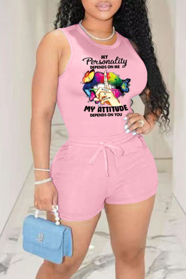 Pink Casual Print Patchwork O Neck Sleeveless Two Pieces