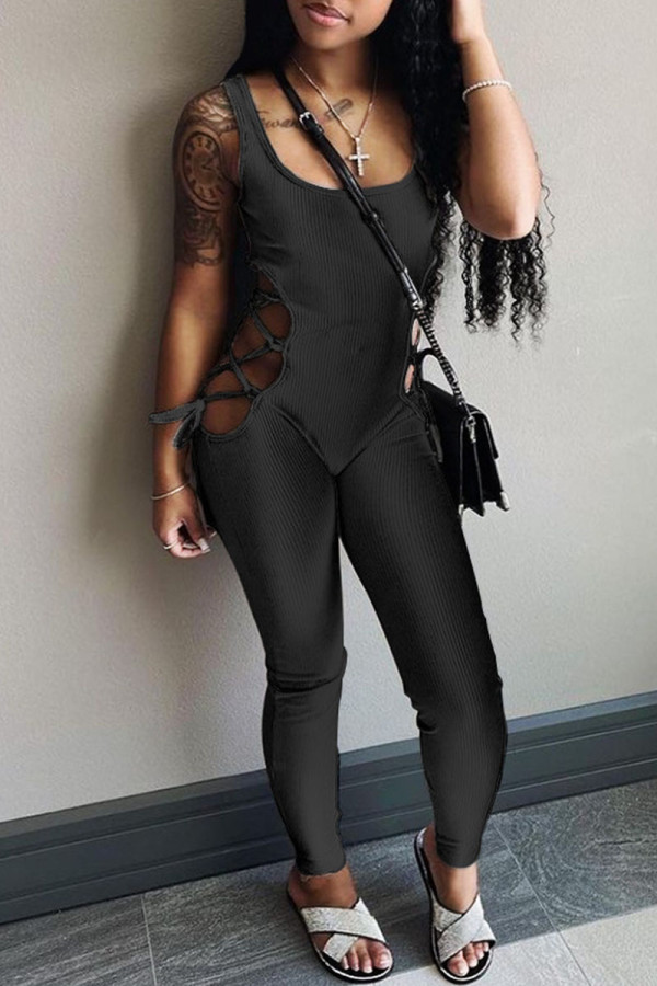 Black Sexy Solid Hollowed Out Patchwork U Neck Regular Jumpsuits