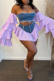 Yellow Fashion Sexy Patchwork Backless Off the Shoulder Long Sleeve Two Pieces