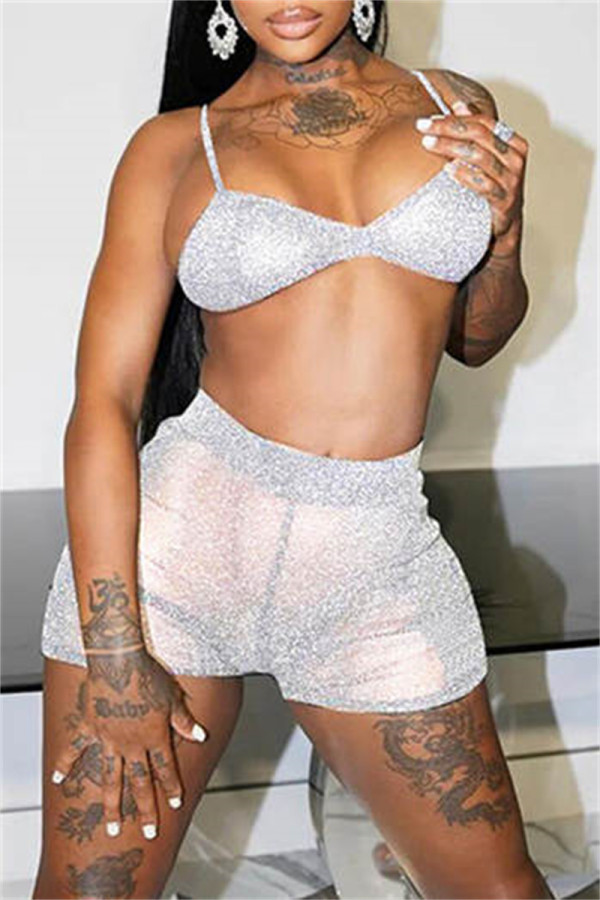 White Fashion Sexy Solid See-through Backless Spaghetti Strap Sleeveless Two Pieces