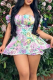 Multicolor Sexy Print Patchwork Off the Shoulder Cake Skirt Dresses
