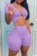 Purple Sexy Solid Patchwork Knotted V Neck Short Sleeve Two Pieces