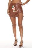 Apricot Fashion Casual Print Slit Skinny High Waist Skirt