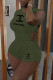 Army Green Fashion Casual Print Letter O Neck Short Sleeve Two Pieces