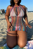 Colour Fashion Sexy Print Bandage See-through Backless O Neck Sleeveless Dress