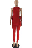 Red Fashion Casual Solid Bandage Slit Half A Turtleneck Sleeveless Two Pieces