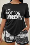Black Fashion Daily Print Patchwork Letter O Neck T-Shirts