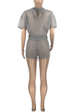 Grey Casual Solid Patchwork See-through O Neck Short Sleeve Two Pieces