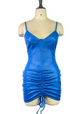 Pink Sexy Solid Patchwork Draw String Fold Spaghetti Strap One Step Skirt Dresses