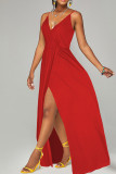 Red Casual Solid Patchwork Spaghetti Strap Sling Dress Dresses