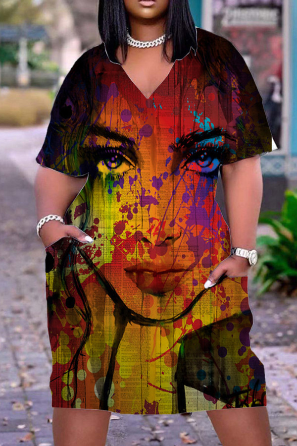 Tangerine Red Fashion Casual Print Basic V Neck Short Sleeve Dress