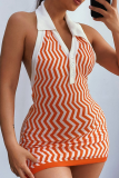 Blue Sexy Print Patchwork Turndown Collar Pencil Skirt Dresses