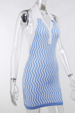 Blue Sexy Print Patchwork Turndown Collar Pencil Skirt Dresses