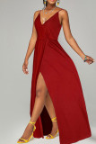 Red Casual Solid Patchwork Spaghetti Strap Sling Dress Dresses