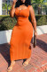 Tangerine Red Casual Solid Patchwork Square Collar One Step Skirt Dresses