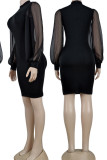 Black Simplicity Solid Patchwork O Neck One Step Skirt Dresses