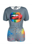 Black Fashion Casual Lips Printed Basic O Neck Short Sleeve Two Pieces