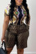 Brown Fashion Casual Print Patchwork Letter O Neck Short Sleeve Two Pieces