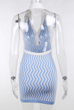 Blue Sexy Print Patchwork Turndown Collar Pencil Skirt Dresses