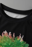 Black Fashion Casual Print Basic O Neck Short Sleeve Two Pieces