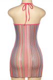 Colour Fashion Sexy Print Bandage See-through Backless O Neck Sleeveless Dress