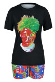 Black Fashion Casual Print Basic O Neck Short Sleeve Two Pieces