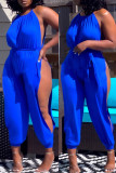 Blue Sexy Casual Solid Hollowed Out O Neck Regular Jumpsuits