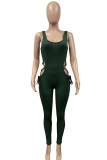 Green Sexy Solid Hollowed Out Patchwork U Neck Regular Jumpsuits