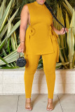 Yellow Fashion Casual Solid Bandage Slit Half A Turtleneck Sleeveless Two Pieces