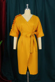 Yellow Fashion Casual Solid Bandage Patchwork V Neck Shirt Dress