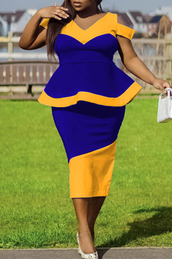 Blue Fashion Casual Solid Hollowed Out Patchwork V Neck Short Sleeve Dress
