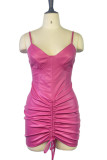 Pink Sexy Solid Patchwork Draw String Fold Spaghetti Strap One Step Skirt Dresses