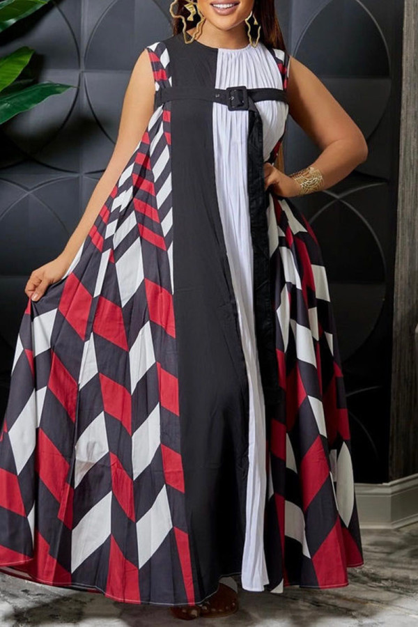 Black Red Casual Print Patchwork O Neck A Line Dresses