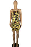 Gold Sexy Print Leopard Bandage Hollowed Out Patchwork Spaghetti Strap Sling Dress Dresses
