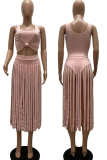 Pink Sexy Solid Tassel U Neck Sleeveless Two Pieces